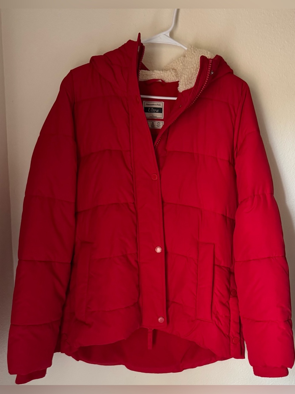 Abercrombie & Fitch Red Women's Ultra Puffer Jacket with Sherpa Lined Hood Sz L